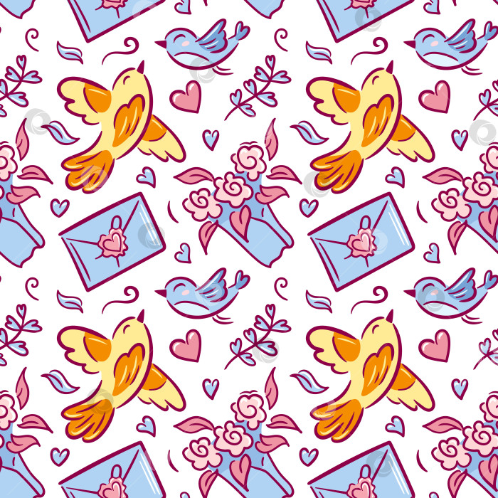 Скачать Желтый птичий узор на конвертах и письмах, крылатые посыльные, марки и цветочное конфетти, причудливая романтическая сцена для канцелярских товаров, упаковки и социальной графики. фотосток Ozero