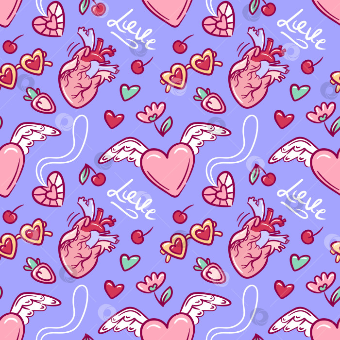 Скачать Яркий романтический узор, веселые сердечки со сладкими вставками, Игривый дизайн со стрелками и конфетными мотивами, яркий цветочный узор с анатомическими сердечками и символами любви фотосток Ozero