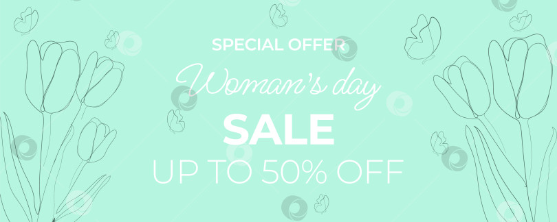 Скачать Баннер-распродажа к женскому дню. Шаблон баннера с линейными цветами в минималистском стиле. Подходит для открыток, записей в блогах, листовок и т.д. фотосток Ozero