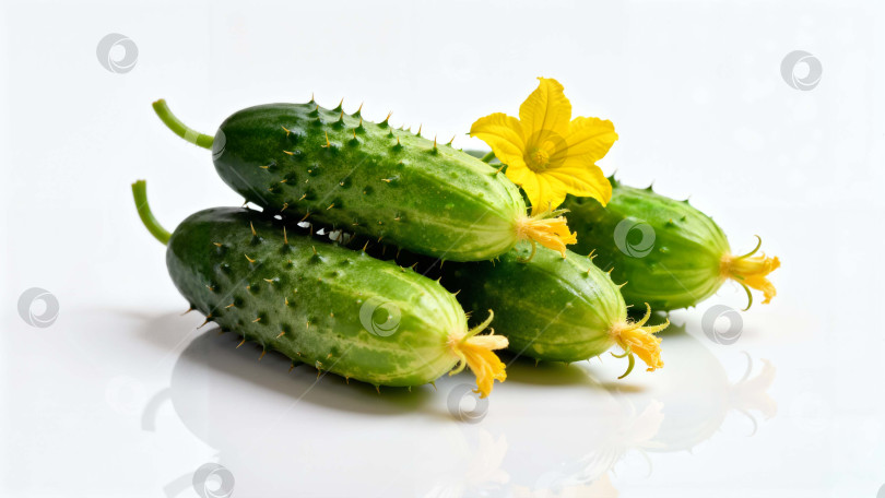 Скачать Четыре свежих молодых огурца с желтыми цветами на белом фоне фотосток Ozero