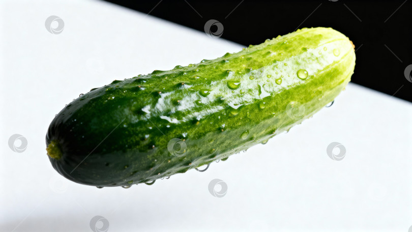 Скачать Свежий зеленый огурец с каплями воды в реалистичном стиле на контрастном бело-черном фоне с пробелом для копирования фотосток Ozero
