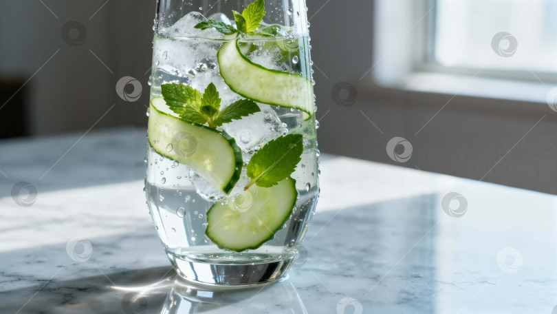 Скачать Освежающий напиток с огурцом и мятой в высоком стакане со льдом натуральные ингредиенты на мраморной поверхности с пробелом для копирования фотосток Ozero
