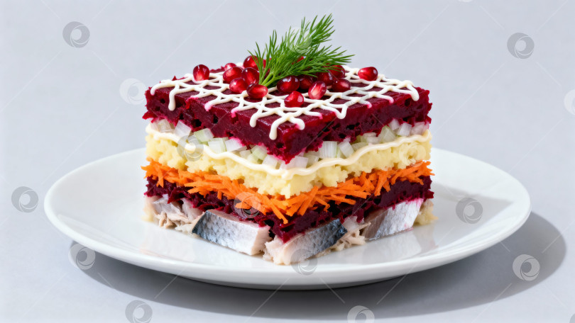 Скачать Аппетитный слоёный салат "Селедка под шубой" с свеклой, картофелем, морковью и луком [украшенный зернами граната и зеленым укропом на белой тарелке фотосток Ozero