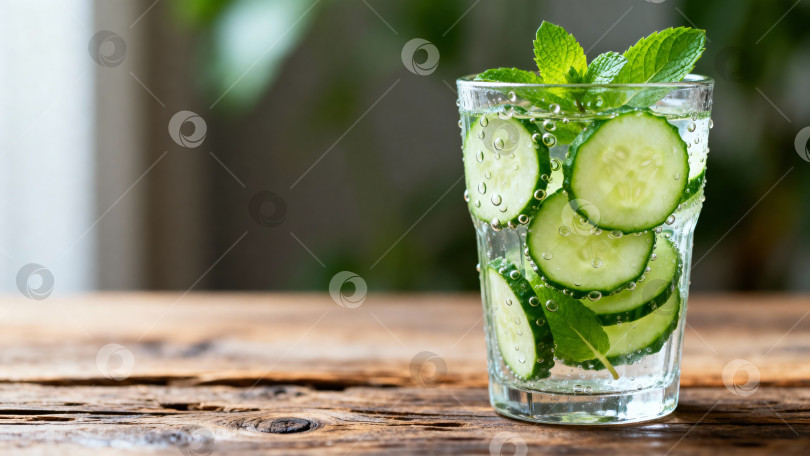 Скачать Освежающий летний напиток с огурцом и свежей мятой в стакане на деревянном столе  с пробелом для копирования фотосток Ozero