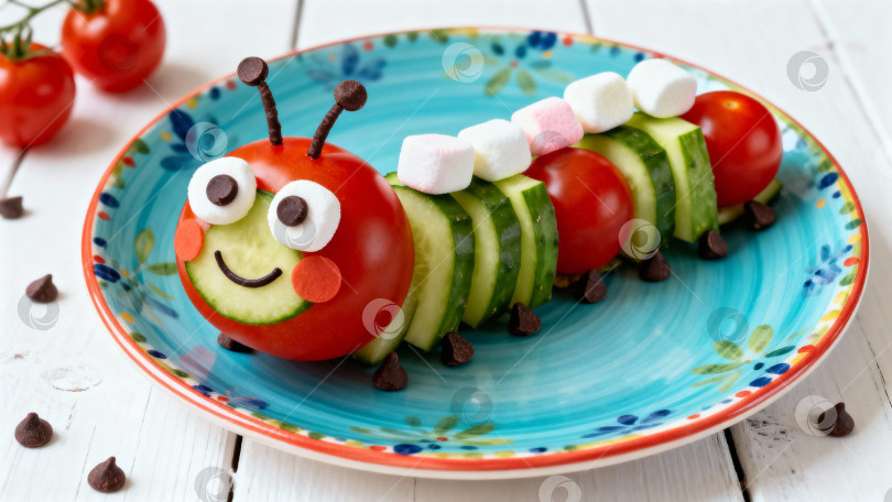 Скачать Веселая гусеница из огурца, помидоров черри и кусочков сыра на детской тарелке,  креативная подача для детского праздника фотосток Ozero