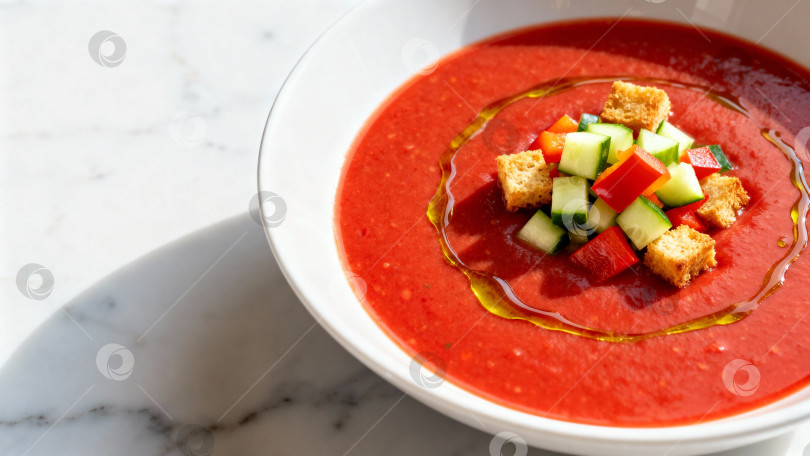 Скачать Освежающий холодный суп гаспачо с огурцом, перцем и гренками  в белой тарелке с оливковым маслом фотосток Ozero
