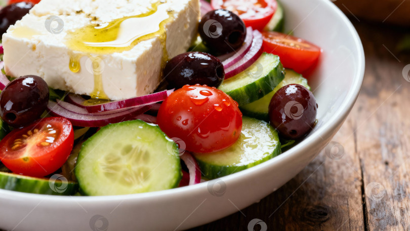 Скачать Яркий греческий салат с огурцами, помидорами, сыром фета и оливками на деревянном столе с оливковым маслом и свежей зеленью фотосток Ozero