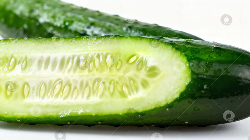 Скачать Свежий огурец в разрезе [с сочной текстурой и семенами макросъемка внутренней структуры на белом фоне с пробелом для копирования фотосток Ozero