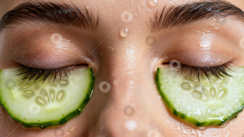 Скачать Дольки свежего огурца на закрытых глазах , спа уход на дому, макросъемка с каплями воды фотосток Ozero