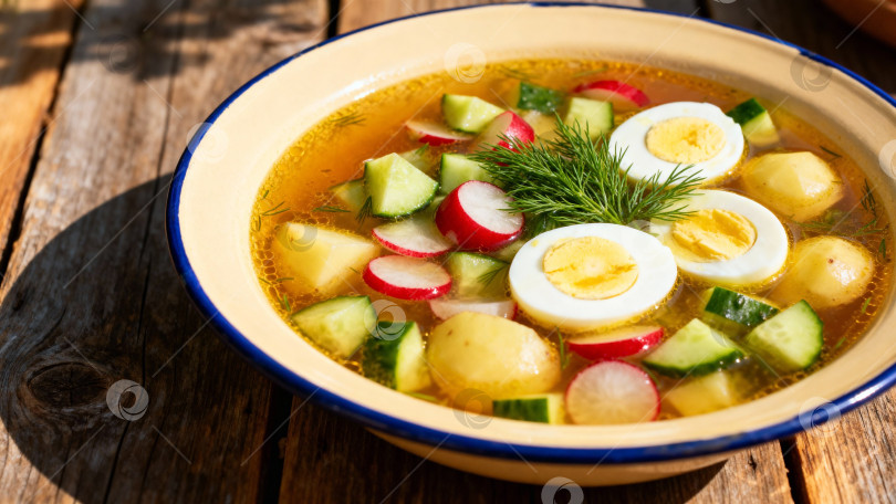 Скачать Свежий летний суп с огурцами, редиской, яйцами и картофелем в тарелке на деревянном столе украшенный укропом рецепт окрошки с пробелом для копирования фотосток Ozero