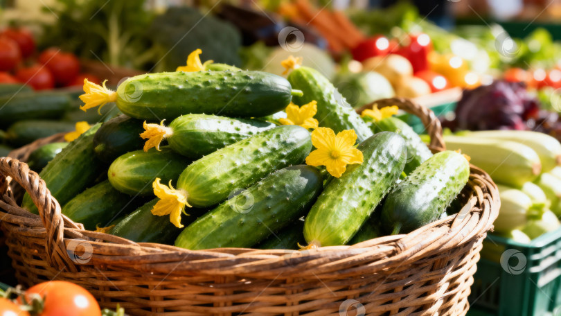 Скачать Свежие огурцы с желтыми цветами в плетёной корзине на рынке среди других овощей фотосток Ozero
