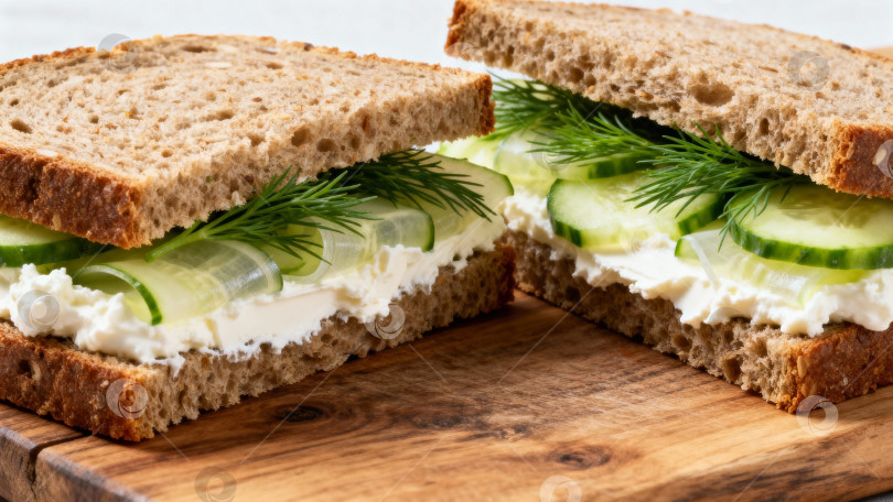Скачать Аппетитный бутерброд с огурцом и укропом на цельнозерновом хлебе с соусом и зеленью на деревянной доске фотосток Ozero