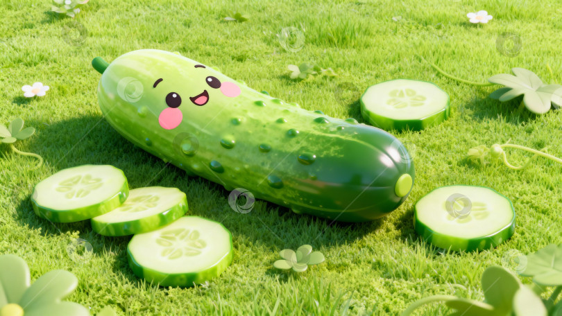 Скачать Милый огурец-персонаж с улыбающимся лицом в мультяшном стиле на зеленой траве с дольками огурца с пробелом для копирования фотосток Ozero