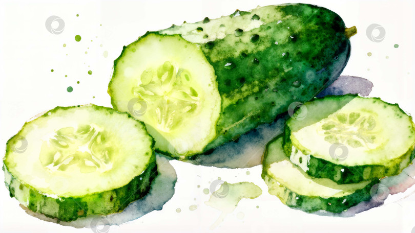 Скачать Художественная акварель огурца с дольками в стиле ручной росписи в зеленых и светлых оттенках фотосток Ozero