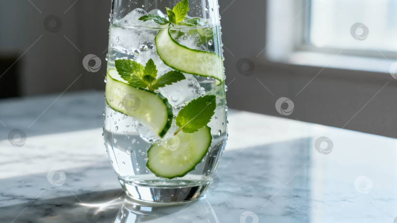 Скачать Освежающий напиток с огурцом и мятой в высоком стакане со льдом натуральные ингредиенты на мраморной поверхности с пробелом для копирования фотосток Ozero
