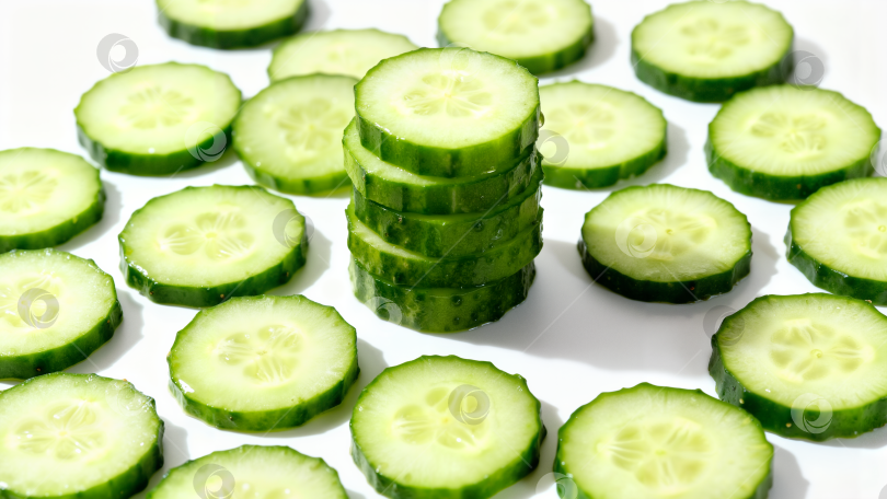 Скачать Свежие кольца зеленого огурца аккуратно нарезанные разложены и сложенные на белом фоне фотосток Ozero