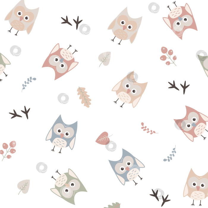 Скачать Бесшовный паттерн с совушками на прозрачном фоне, детский узор для упаковки, ткани, обложек. фотосток Ozero