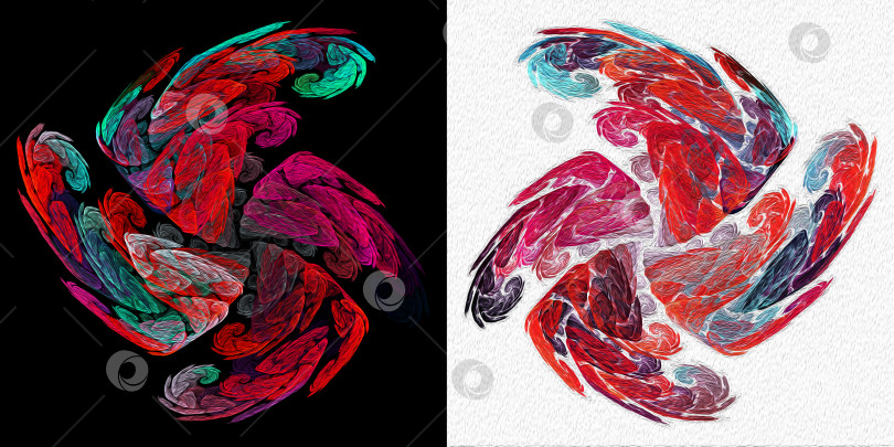 Скачать Два разноцветных пропеллера, состоящих из спиралей, расположены симметрично на черном и белом фонах. Имитация масляной живописи. Элементы графического дизайна. 3D-рендеринг. 3D-иллюстрация. фотосток Ozero