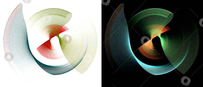 Скачать Полосатые разноцветные абстрактные волнистые лопасти вращаются на белом и черном фонах. Набор. Иконка, логотип, символ, вывеска. 3D-рендеринг. 3D-иллюстрация. фотосток Ozero