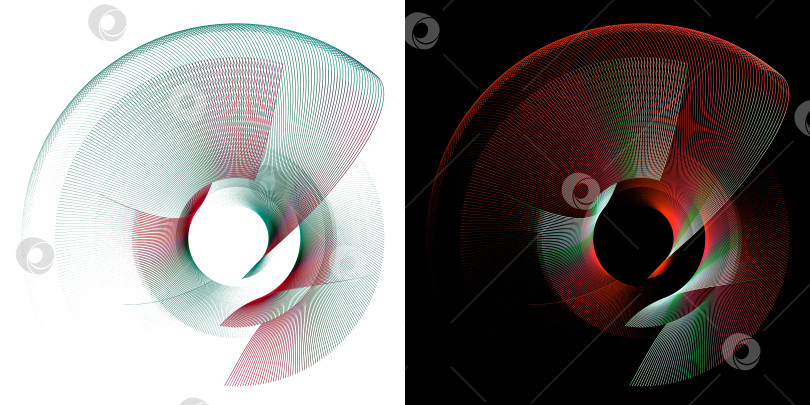 Скачать Абстрактные пропеллеры с многослойными лопастями в красную и зеленую полоску на белом и черном фоне. Набор. Иконка, логотип, символ, вывеска. 3D-рендеринг. 3D-иллюстрация. фотосток Ozero