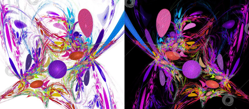 Скачать Разноцветные воздушные шары и ленты на черно-белом фоне. Два абстрактных праздничных фона с фрактальной текстурой в одном. 3D-рендеринг. 3D-иллюстрация. фотосток Ozero