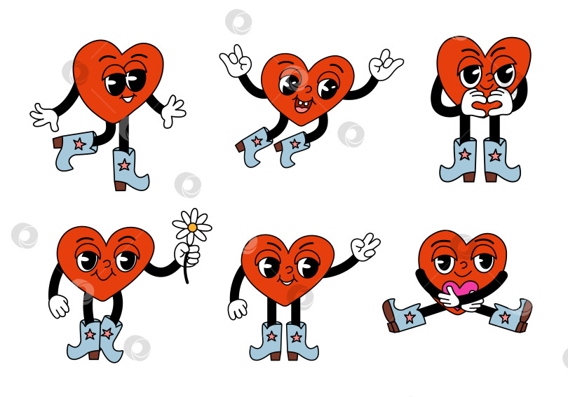 Скачать Набор красочных Ретро-иллюстраций о любви с заводными сердечными персонажами фотосток Ozero