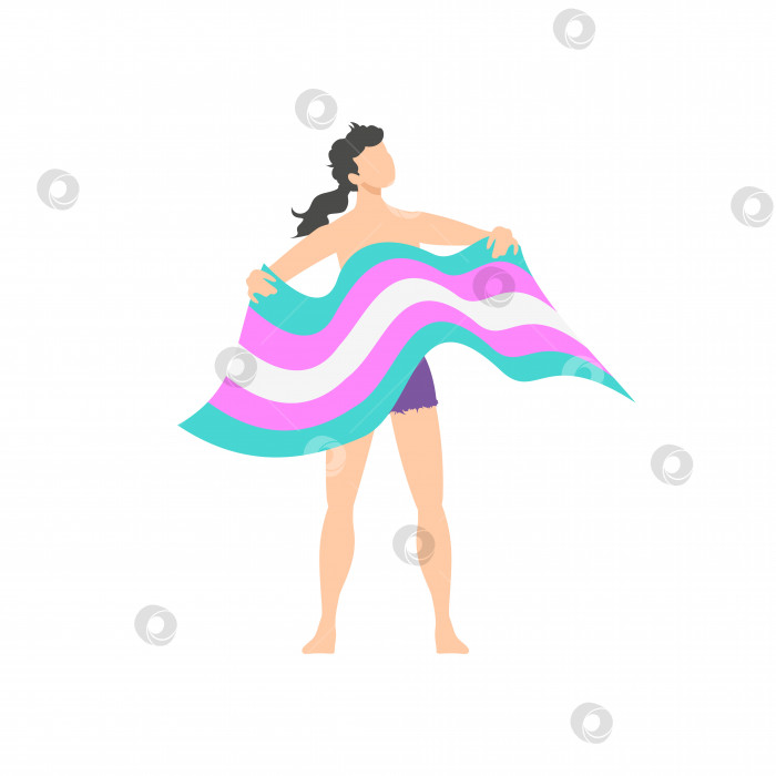 Скачать Трансгендерный небинарный длинноволосый брюнет с гордо поднятой головой, в рваных шортах, держащий развевающийся флаг сообщества трансгендеров фотосток Ozero