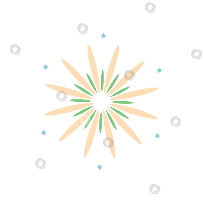 Скачать Желтый и зеленый фейерверк со звездами на белом фоне. Векторная рисованная иллюстрация для ваших проектов. фотосток Ozero