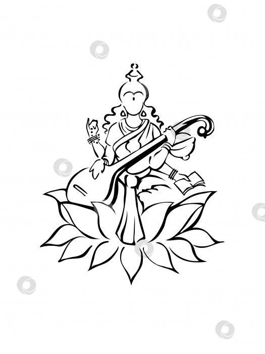 Скачать Сарасвати, индуистская богиня знания, сидящая на цветке лотоса и играющая на инструменте вина, символ силуэта, эскиз фотосток Ozero