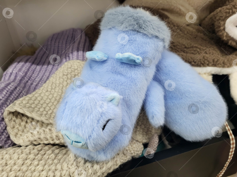 Скачать Россия, Ярославль 10.01.2026 На полке магазина представлены забавные синие меховые варежки в форме капибары фотосток Ozero