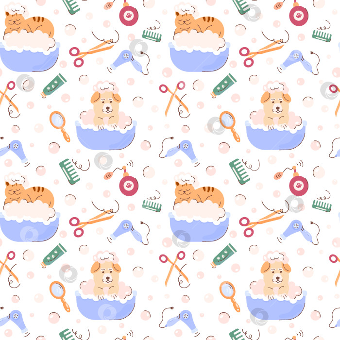 Скачать Бесшовный узор с милыми домашними животными. Собака и кошка в ванне. Мультяшный узор для парикмахерской. фотосток Ozero