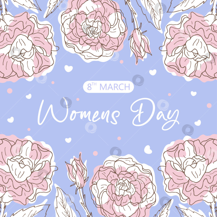 Скачать Элегантная цветочная рамка на голубом фоне с цветами пиона в честь Международного женского дня фотосток Ozero