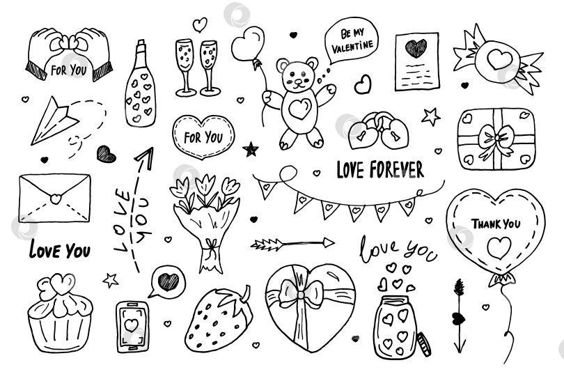 Скачать Коллекция романтических элементов в стиле каракулей для оформления Дня Святого Валентина. фотосток Ozero