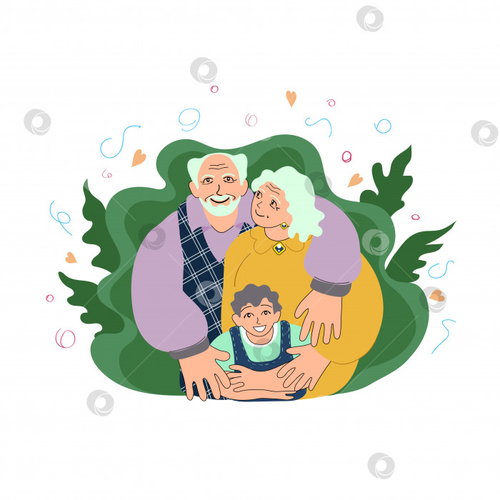 Скачать Радостные европейские бабушка и дедушка стоят с внуком и обнимаются. фотосток Ozero