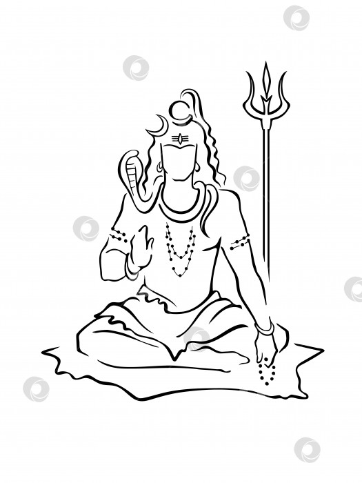 Скачать Шива, индуистский бог, дающий благословение, сидящий с четками, трезубцем. Божество разрушения, времени и танца. Современный символ, нарисованный от руки фотосток Ozero