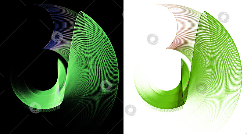 Скачать Зеленые волнистые и изогнутые полосатые лопасти вращаются на белом и черном фоне. Набор. Иконка, логотип, символ, вывеска. 3D-рендеринг. 3D-иллюстрация. фотосток Ozero