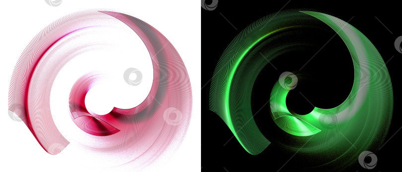 Скачать Красные и зеленые абстрактные пропеллеры с изогнутыми полосатыми лопастями вращаются на белом и черном фоне. Иконка, логотип, символ, вывеска. 3D-рендеринг. 3D-иллюстрация. фотосток Ozero