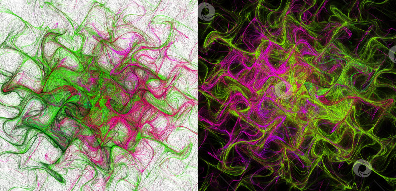 Скачать Подвижный струящийся абстрактный фон. Зеленые, розовые и фиолетовые потоки создают сетки на черном и белом фоне. Два фона в одном. Набор. 3D-рендеринг. 3D-иллюстрация. фотосток Ozero