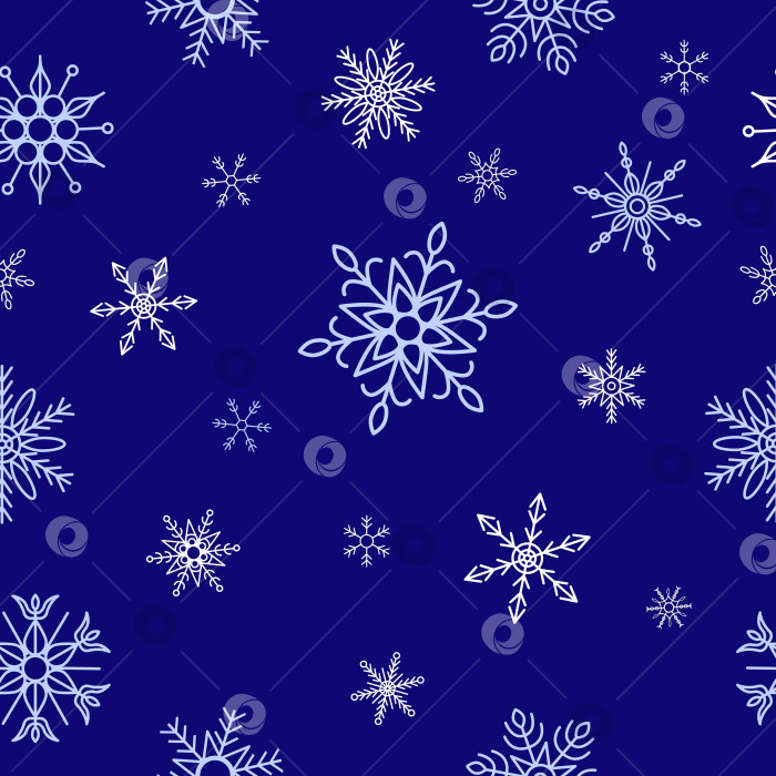 Скачать Бесшовный узор из снежинок, белые и синие элементы на темно-синем фоне фотосток Ozero