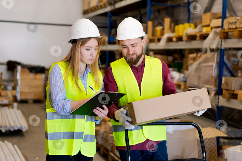 Скачать Сотрудники распределительного центра внимательно изучают упаковочную документацию фотосток Ozero