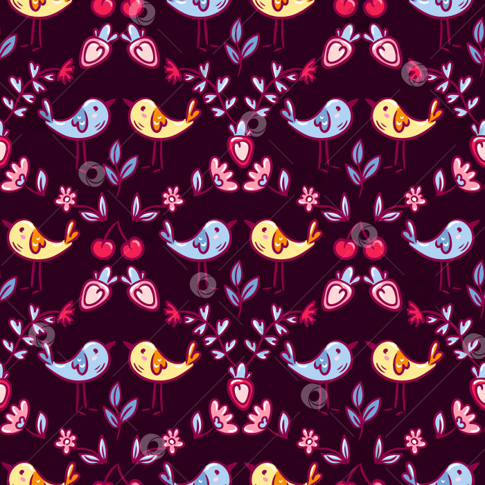 Скачать Яркие темы с изображением птиц и любовных сердечек подходят для оформления упаковки и фонов, веселые певчие птицы и цветочные узоры идеально подходят для сезонной упаковки подарков и цифровых проектов. фотосток Ozero