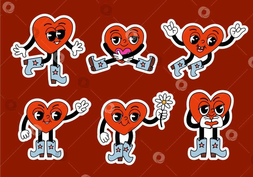 Скачать Набор наклеек в виде заводных сердечек с персонажами ретро-мультфильмов фотосток Ozero