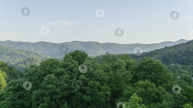 Скачать Живописный горный пейзаж с зелеными лесистыми вершинами Кавказских гор. Весенний пейзаж на перевале в Горячем Ключе. Краснодарский край, Россия фотосток Ozero