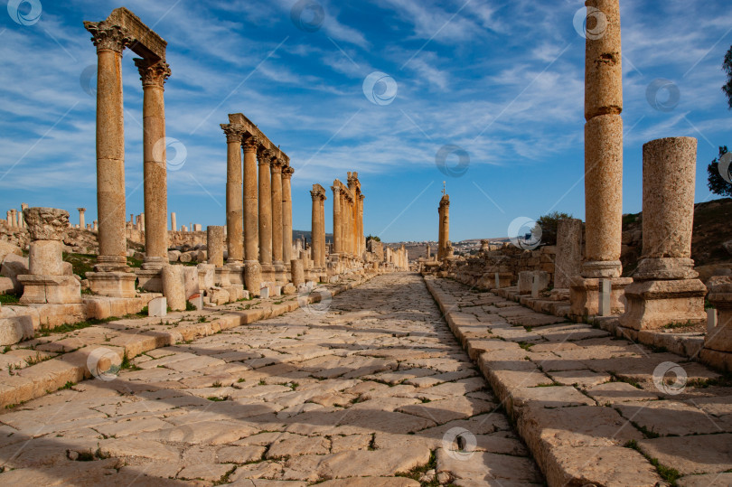 Скачать Римский город Гераса (Джераш, Иордания). Главная улица Джераша - Кардо Максимус. Виа Кардо Максимус - идеально прямая улица с высокими колоннами по бокам. фотосток Ozero
