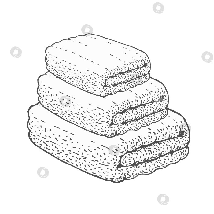Скачать Иллюстрация тушью сложенных в стопку пушистых банных полотенец, графический рисунок от руки для брендинга спа, велнес-центров, дизайна отелей или ванных комнат. фотосток Ozero