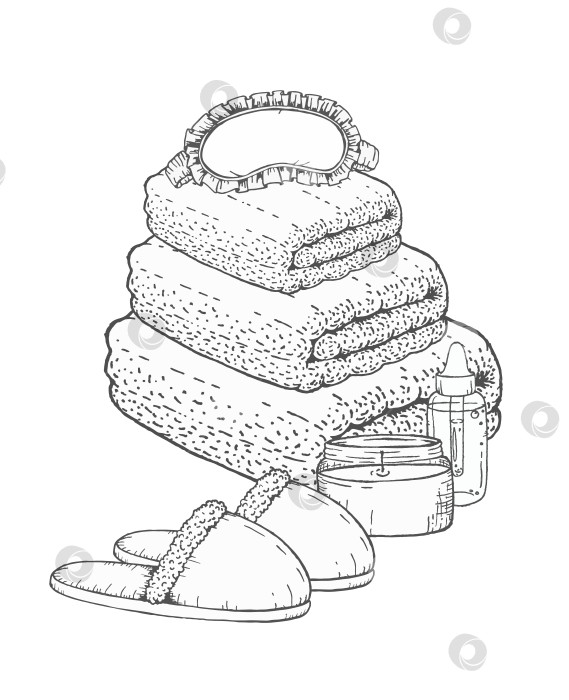 Скачать Иллюстрация тушью сложенных полотенец с тапочками и спа-аксессуарами, графические рисунки от руки для велнес-брендинга, косметической упаковки, спа-дизайна или проектов по уходу за кожей. фотосток Ozero