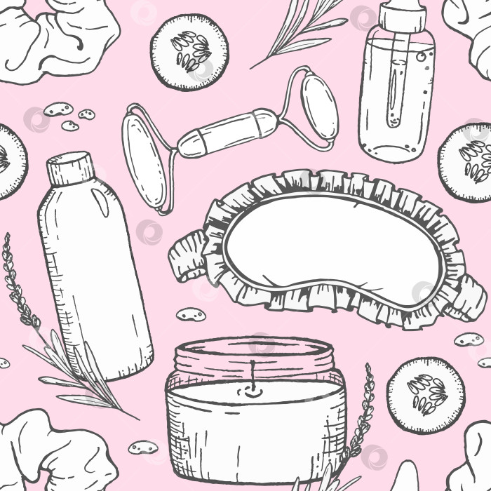 Скачать Иллюстрация тушью бесшовный узор с косметическими флакончиками, массажным валиком, маской для глаз, свечой, кремом и лавандой, графические линии для велнес-брендинга, косметической упаковки или текстильного дизайна. фотосток Ozero