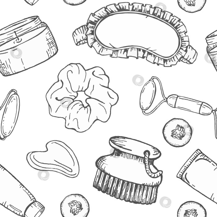 Скачать Иллюстрация тушью бесшовный узор с использованием косметических баночек, массажного валика, щетки для тела, мыла, скраба и маски для глаз, графические линии для велнес-брендинга, косметической упаковки или текстильного дизайна. фотосток Ozero