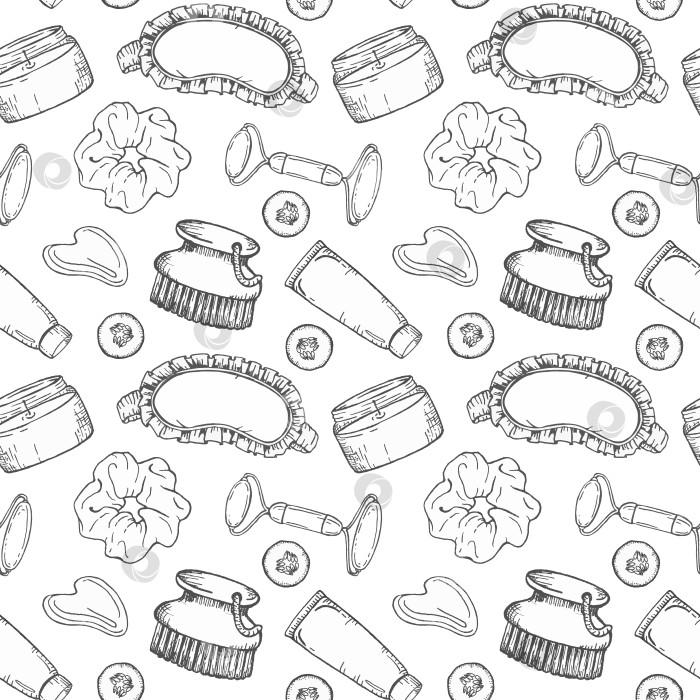 Скачать Иллюстрация тушью бесшовный узор с использованием косметических баночек, массажного валика, щетки для тела, мыла, скраба и маски для глаз, графическая линия для создания велнес-бренда, косметической упаковки или текстильного дизайна. фотосток Ozero