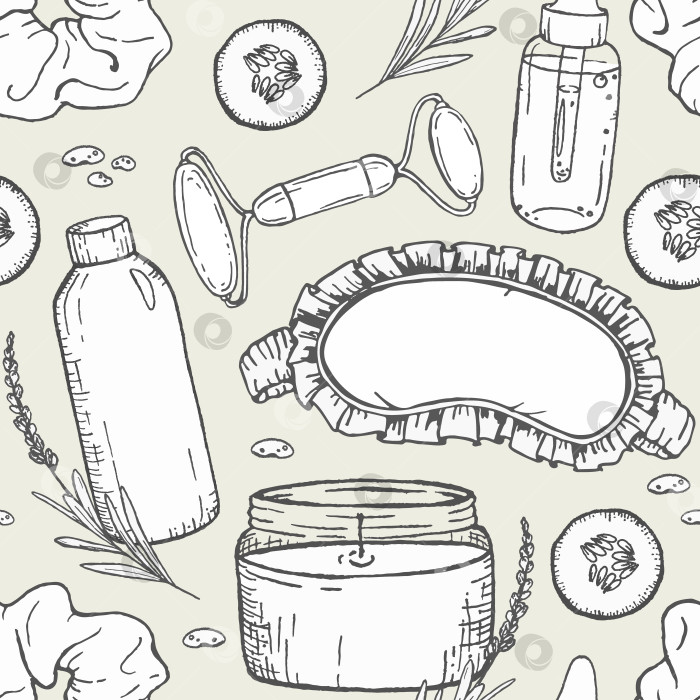 Скачать Иллюстрация тушью бесшовный узор с косметическими флакончиками, массажным валиком, маской для глаз, свечой, кремом и лавандой, графические линии для велнес-брендинга, косметической упаковки или текстильного дизайна. фотосток Ozero